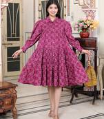  womens magenta collar neck long puff sleeve gathered tiered loose fit a-line dress