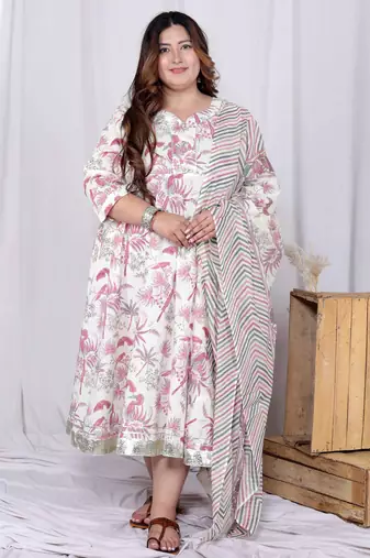  womens plus size light pink floral printed and anarkali kurta with dupatta