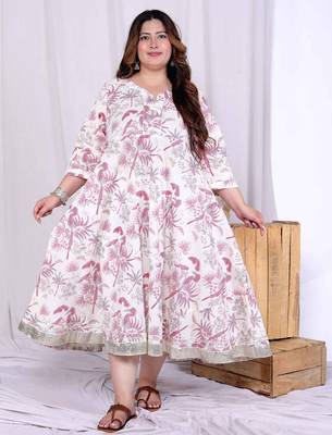  women's plus size pink cotton gota and lace border birds and leaf floral printed anarkali kurta 1
