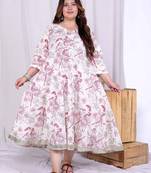  women's plus size pink cotton gota and lace border birds and leaf floral printed anarkali kurta