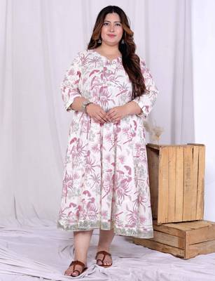  women's plus size pink cotton gota and lace border birds and leaf floral printed anarkali kurta 2