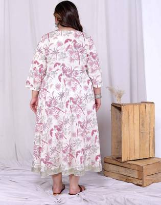  women's plus size pink cotton gota and lace border birds and leaf floral printed anarkali kurta 3