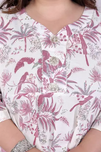  women's plus size pink cotton gota and lace border birds and leaf floral printed anarkali kurta