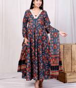  womens cotton blue zari lace anarkali kurta with printed dupatta set