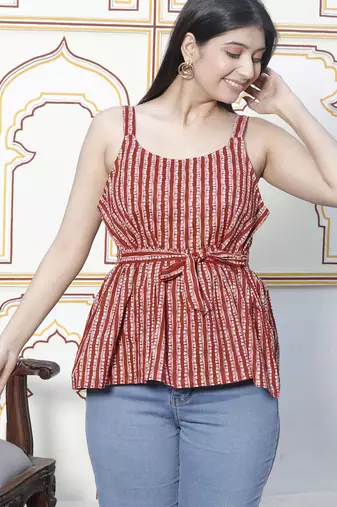  womens peplum fit printed cotton red color noodle straps top