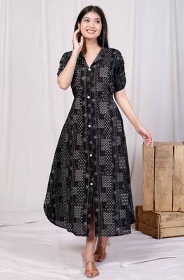  womens cotton black floral printed front button a-line midi dress 1