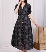 womens cotton black floral printed front button a-line midi dress