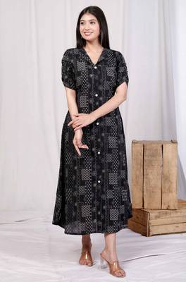  womens cotton black floral printed front button a-line midi dress 2