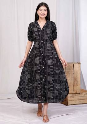  womens cotton black floral printed front button a-line midi dress 3