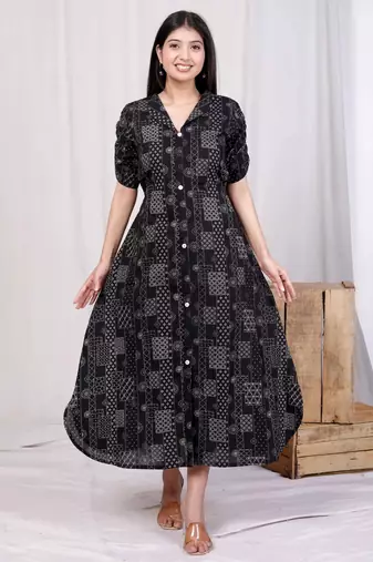  womens cotton black floral printed front button a-line midi dress