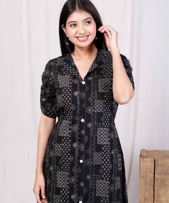  womens cotton black floral printed front button a-line midi dress 5