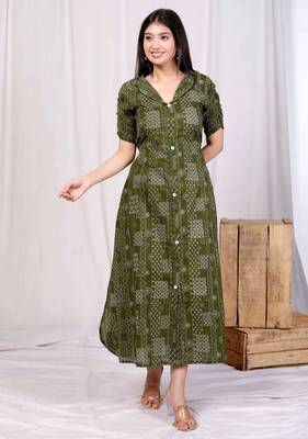  womens cotton floral printed green button down a-line midi dress 1