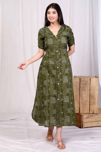  womens cotton floral printed green button down a-line midi dress