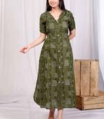  womens cotton floral printed green button down a-line midi dress