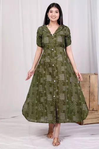  womens cotton floral printed green button down a-line midi dress