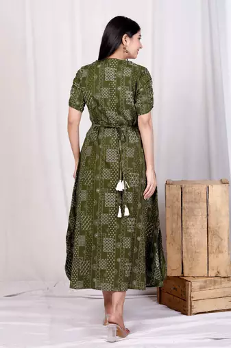  womens cotton floral printed green button down a-line midi dress