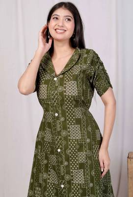  womens cotton floral printed green button down a-line midi dress 4