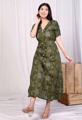  womens cotton floral printed green button down a-line midi dress 5