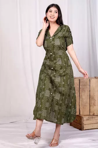  womens cotton floral printed green button down a-line midi dress