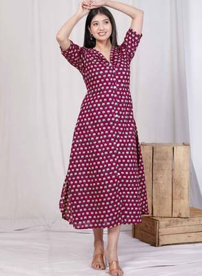  womens relaxed fit red floral printed a-line cotton midi dress 2