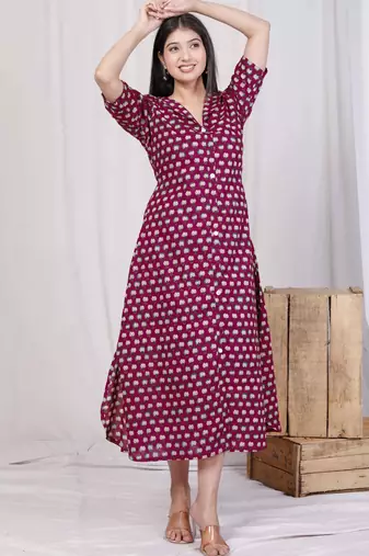  womens relaxed fit red floral printed a-line cotton midi dress