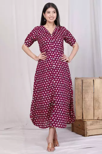  womens relaxed fit red floral printed a-line cotton midi dress