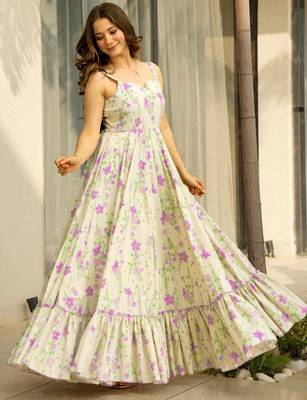 Off white color rayon beautiful floral digital printed ceremonial gown 1