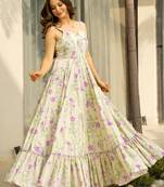 Off white color rayon fabric beautiful floral digital printed ceremonial gown