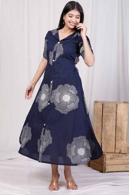  womens blue floral printed front buttoned a-line maxi dress 2