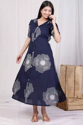  womens blue floral printed front buttoned a-line maxi dress