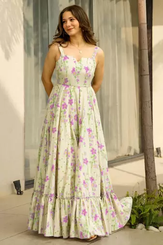 Off white color rayon beautiful floral digital printed ceremonial gown