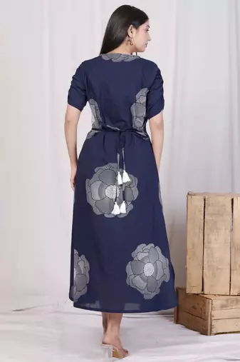  womens blue floral printed front buttoned a-line maxi dress