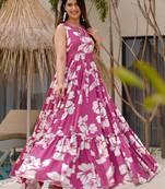 Pink color rayon fabric beautiful floral digital printed ceremonial gown