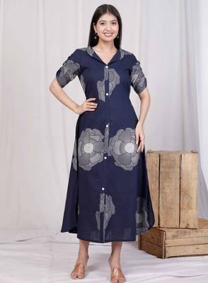  womens blue floral printed front buttoned a-line maxi dress 5
