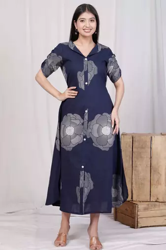  womens blue floral printed front buttoned a-line maxi dress