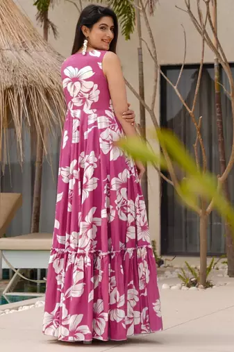 Pink color rayon beautiful floral digital printed ceremonial gown