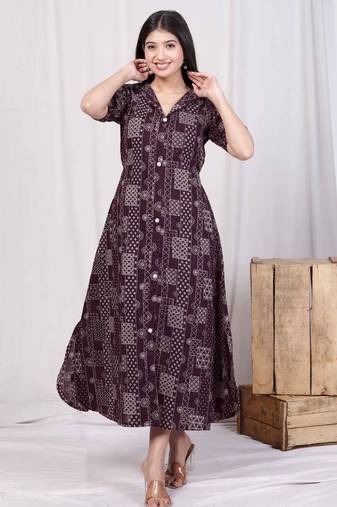  womens wine collar neck floral printed a-line party wear maxi dress