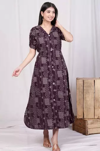  womens wine collar neck floral printed a-line party wear maxi dress