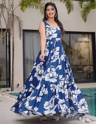 Blue color rayon beautiful floral digital printed ceremonial gown 1