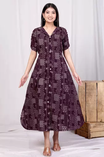  womens wine collar neck floral printed a-line party wear maxi dress