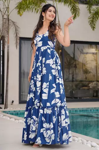 Blue color rayon beautiful floral digital printed ceremonial gown
