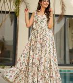 Cream color rayon fabric beautiful floral digital printed ceremonial gown