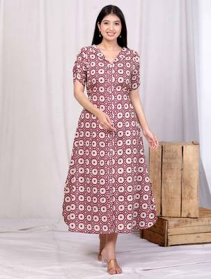 Pink cotton floral printed a-line maxi dress with buttons 1