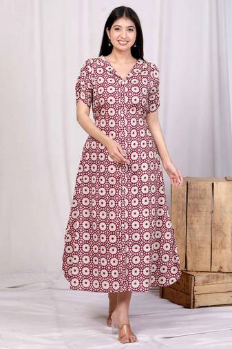 Pink cotton floral printed a-line maxi dress with buttons