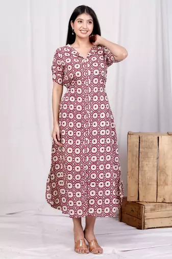 Pink cotton floral printed a-line maxi dress with buttons