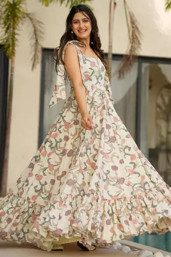 Cream color rayon beautiful floral digital printed ceremonial gown