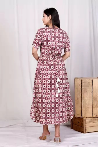 Pink cotton floral printed a-line maxi dress with buttons