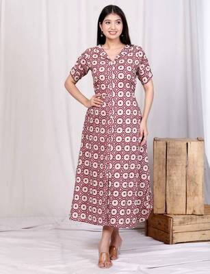 Pink cotton floral printed a-line maxi dress with buttons 4