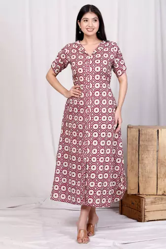 Pink cotton floral printed a-line maxi dress with buttons