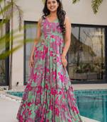 Mint green color rayon fabric beautiful floral digital printed ceremonial gown